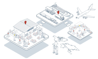 Smart global logistics network integrating multimodal transportation services air, road, and maritime with IoT technology to enable efficient worldwide cargo delivery and instant order fulfillment.