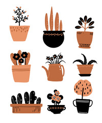 Flowerpot with plant  set. Doodle hand drawn illustration. Spring flowers