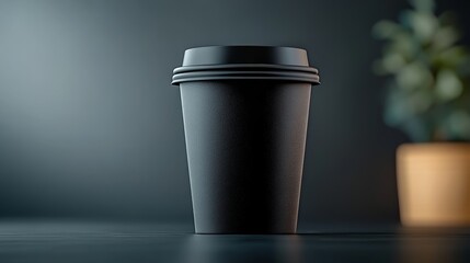 Black coffee cup with a lid sits on a table. The cup is empty and has a black lid. The table is dark and the cup is the only object visible
