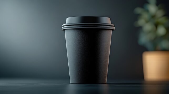 Black coffee cup with a lid sits on a table. The cup is empty and has a black lid. The table is dark and the cup is the only object visible