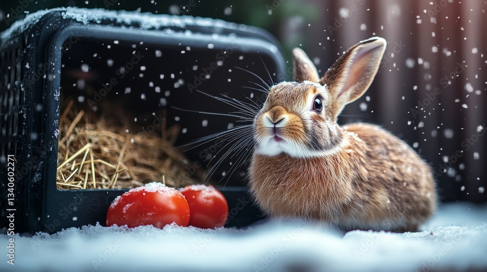 Poster rabbit is standing in the snow next to a container with two red tomatoes. the scene is peaceful and 