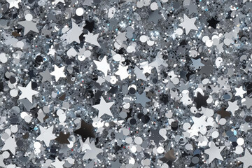 Shimmering silver glitter with star shapes and circular sequins