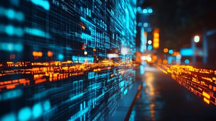 Fototapeta premium Glowing abstract digital data grid and city lights at night