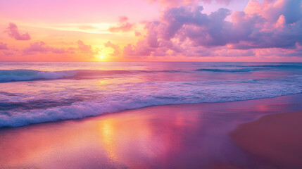 Obraz premium Illustration of a pink sunset over calm ocean waves on an exotic beach, creating a beautiful natural scenery.