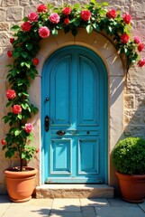 Fototapeta premium Vibrant pink climbing roses adorn a charming arched doorway leading to a weathered teal wooden door, framed by a light beige stone facade, complemented by potted greenery.