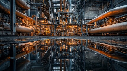 Industrial scene with pipes and reflections in a factory setting.
