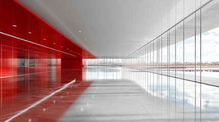 Obraz premium Modern interior showcases red wall and glass window reflections