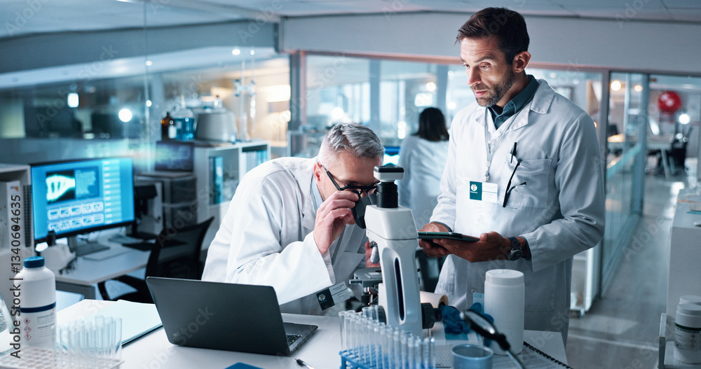 Aufkleber medical, microscope and science with people in laboratory together for breakthrough or development. 
