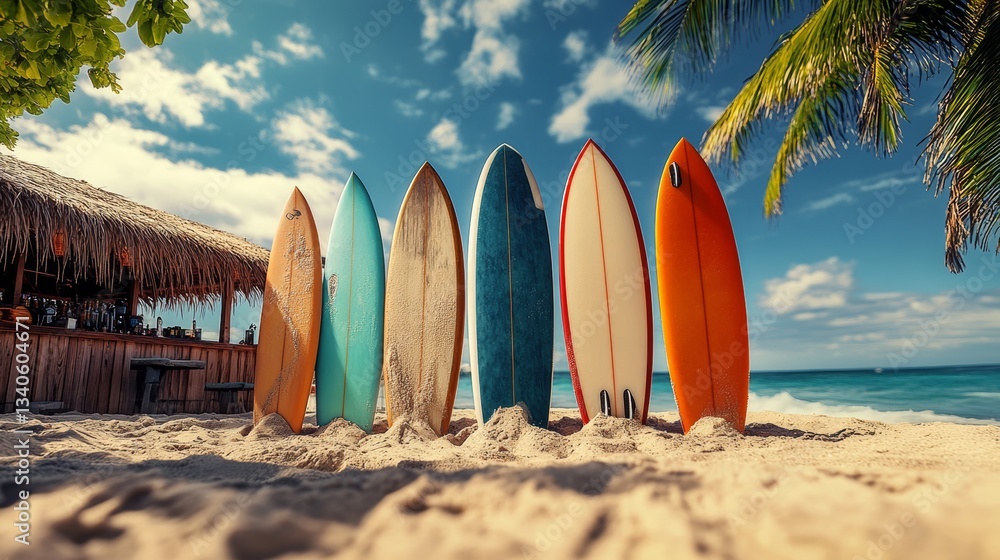 Poster row of surfboards are lined up on the beach. the surfboards are of different colors and sizes. the s