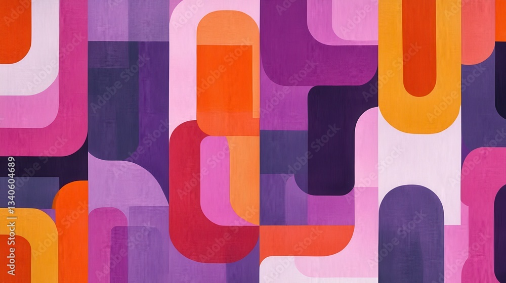 Poster abstract geometric background featuring overlapping purple, orange, and pink rectangular shapes with