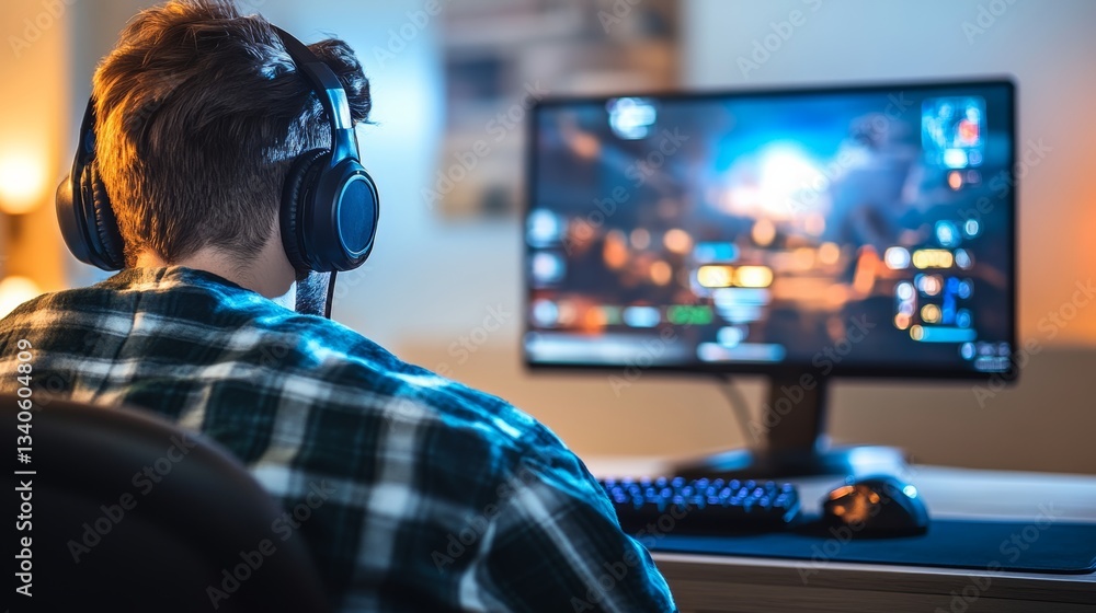 Poster man is playing a video game on a computer monitor. he is wearing headphones and is fully immersed in