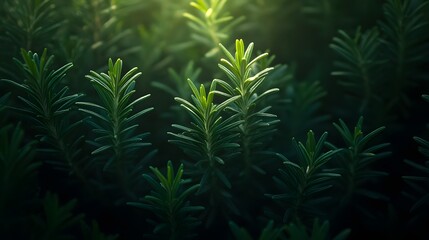Close up view of vibrant green rosemary plants bathed in sunlight