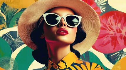 Fototapeta premium Collage of woman wearing cute hat and sunglasses. Travel concept with colorful, vintage patterns and design. Sense of adventure and wanderlust. generative AI
