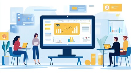 Professional marketers creating visually engaging multichannel campaigns boosting online visibility 8K realistic illustration