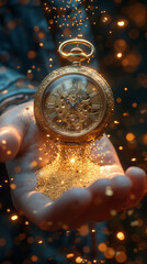 Timeless Magic: Vintage Pocket Watch Dissolving into Golden Dust