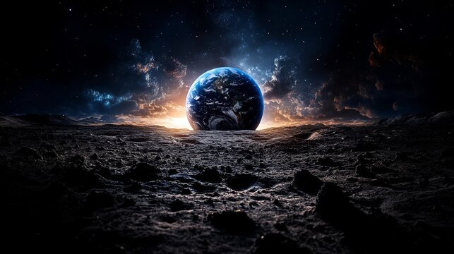 Planet is floating in space with a bright sun in the background. The planet is surrounded by a rocky, barren landscape