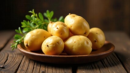 A Rustic Still Life Featuring a Collection of Freshly Harvested Yellow Potatoes on a Wooden Plate with Greenery