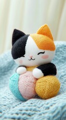 Cute knit cat plush toy playing joyfully with colorful ball on soft pale blue wool background
