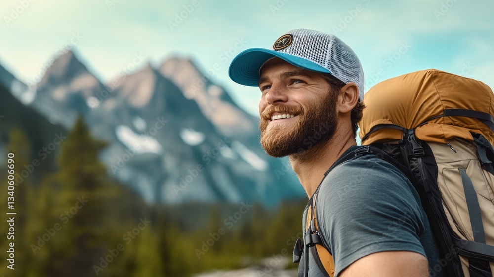Poster man with a beard and a blue hat is smiling and looking at the camera. he is wearing a backpack and s