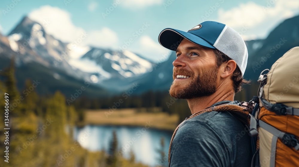 Poster man with a beard and a blue hat is smiling and looking at the camera. he is wearing a backpack and s