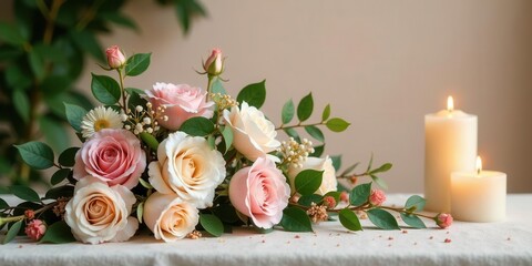 A Delicate Arrangement of Pastel Roses and Lit Candles on a Soft Surface
