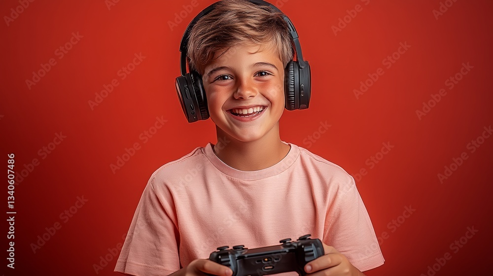 Poster young boy is smiling and holding a video game controller. concept of fun and enjoyment, as the boy a