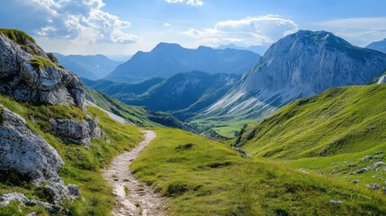 Fototapeta premium A scenic mountain landscape with a hiking trail visible