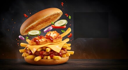 Burger commercial style, cheese burger, Burger and french fries, zinger burger ai generated, shot in motion, dynamic magazine ad image, photorealism, best selling, stock photos, viral