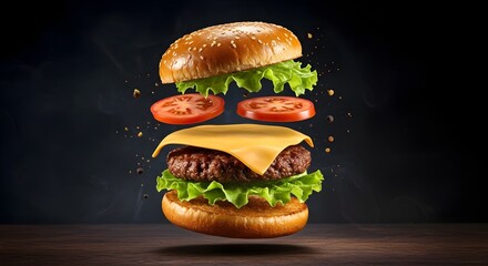 Burger commercial style, cheese burger, Burger and french fries, zinger burger ai generated, shot in motion, dynamic magazine ad image, photorealism, best selling, stock photos, viral