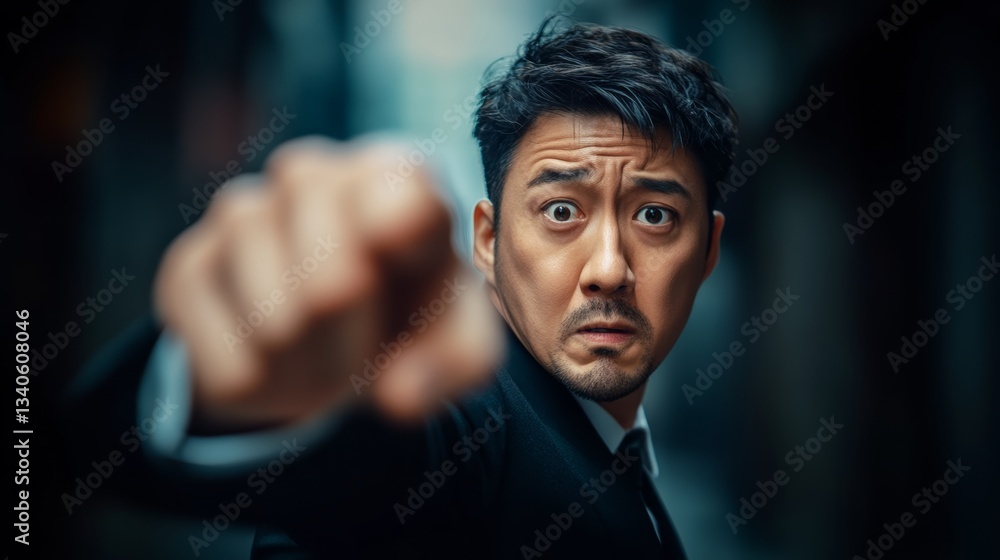Poster man in a suit is pointing his finger at the camera. he has a serious expression on his face