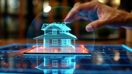 Engineer is pointing at a holographic projection of a house on the table. - Powered by Adobe