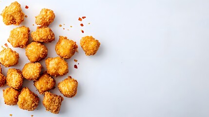 Heap of crispy fried chicken nuggets on white background