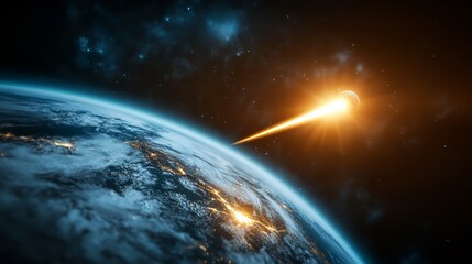 Bright light is seen in the sky above the Earth. The light is coming from a comet that is passing by