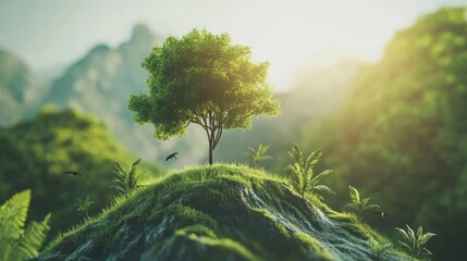 Fototapeta premium Earth Day eco concept with tropical forest background, natural forestation preservation scene with canopy tree in the wild.