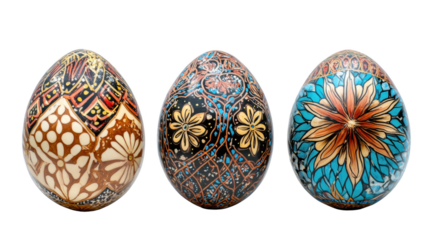 Three colorful painted eggs on white background for easter celebration and decoration