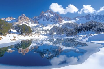 Serene Winter Landscape with Snow-Capped Mountains and Crystal Clear Lake Reflection