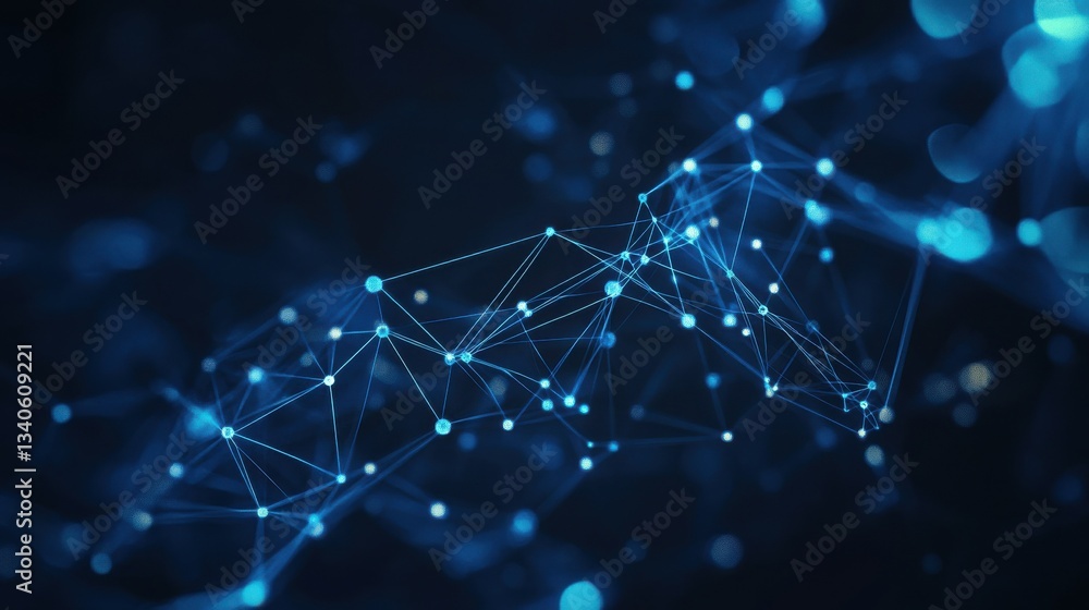 Fototapete A dark background with a blue abstract design of connected lines and dots, representing technological networks and the importance of connectivity in the digital world. illustration