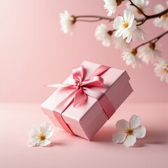 Elegant gift box with pink bow and white flowers on marble surface