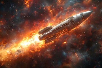Obraz premium Futuristic Spacecraft Soaring Through a Fiery Cosmic Explosion