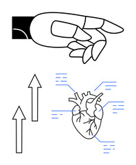 Robotic hand gesture, anatomical heart diagram with data points, and upward arrows symbolize science, technology, health, growth. Ideal for innovation, progress, healthcare research biotechnology