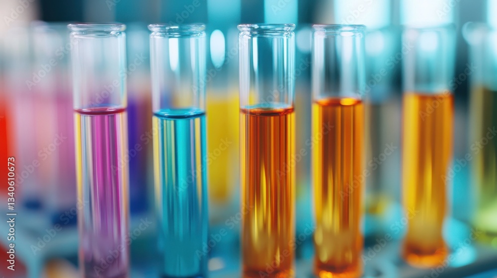 Poster test tubes containing a gradient of colored solutions in a clinical lab, symbolizing the process of 