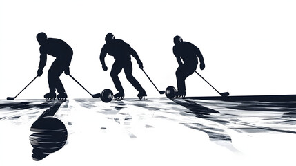 Three silhouetted hockey players skate across a reflective surface, sticks in hand, ready to strike a puck.