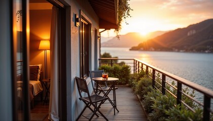 Cozy balcony view at sunset over lake with chairs and table inviting relaxation in serene atmosphere