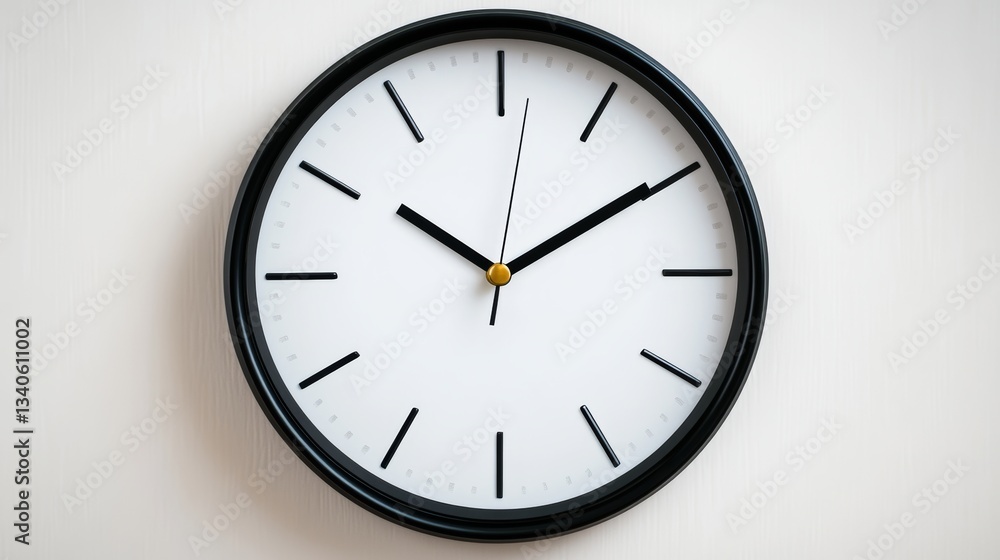 Poster black and white clock with a white face showing the time of 10:00. the clock is hanging on a wall an