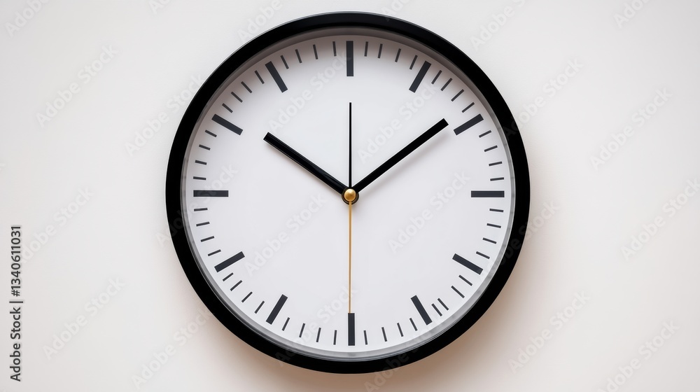 Poster black and white clock with the hands at the numbers 3 and 9. the clock is set to the time of 3:00