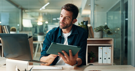 Tablet, reading and laptop with business man in office for planning, ui designer and app review....