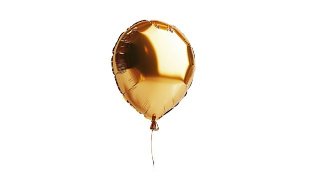 Single golden balloon floating, isolated on transparent background