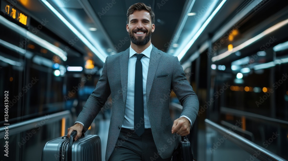 Aufkleber a man in a suit and tie is smiling and holding a suitcase