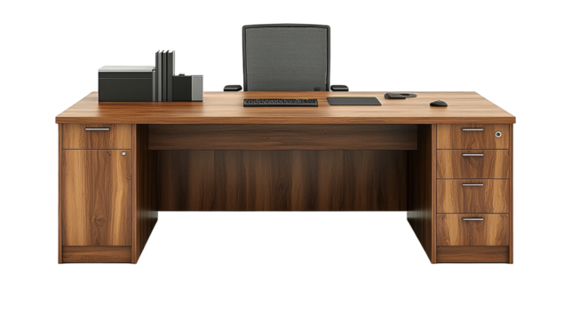 Executive wooden office desk with computer setup, isolated on transparent background