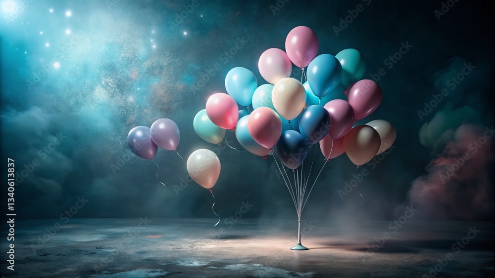 Poster pastel balloons floating on dark background - copy space for text & design